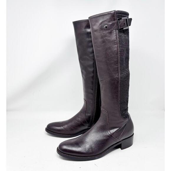 Aquatalia Dark Brown Italian Leather Riding‎ Boots Stretch Back Womens Size 7 - Picture 1 of 16
